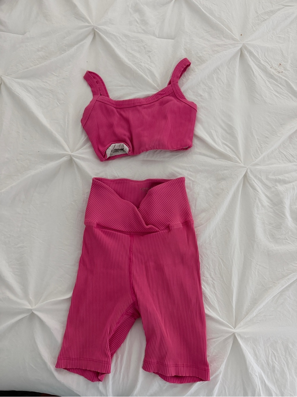 Year of Ours Ribbed Pink Bike Shorts and Crop Top Set